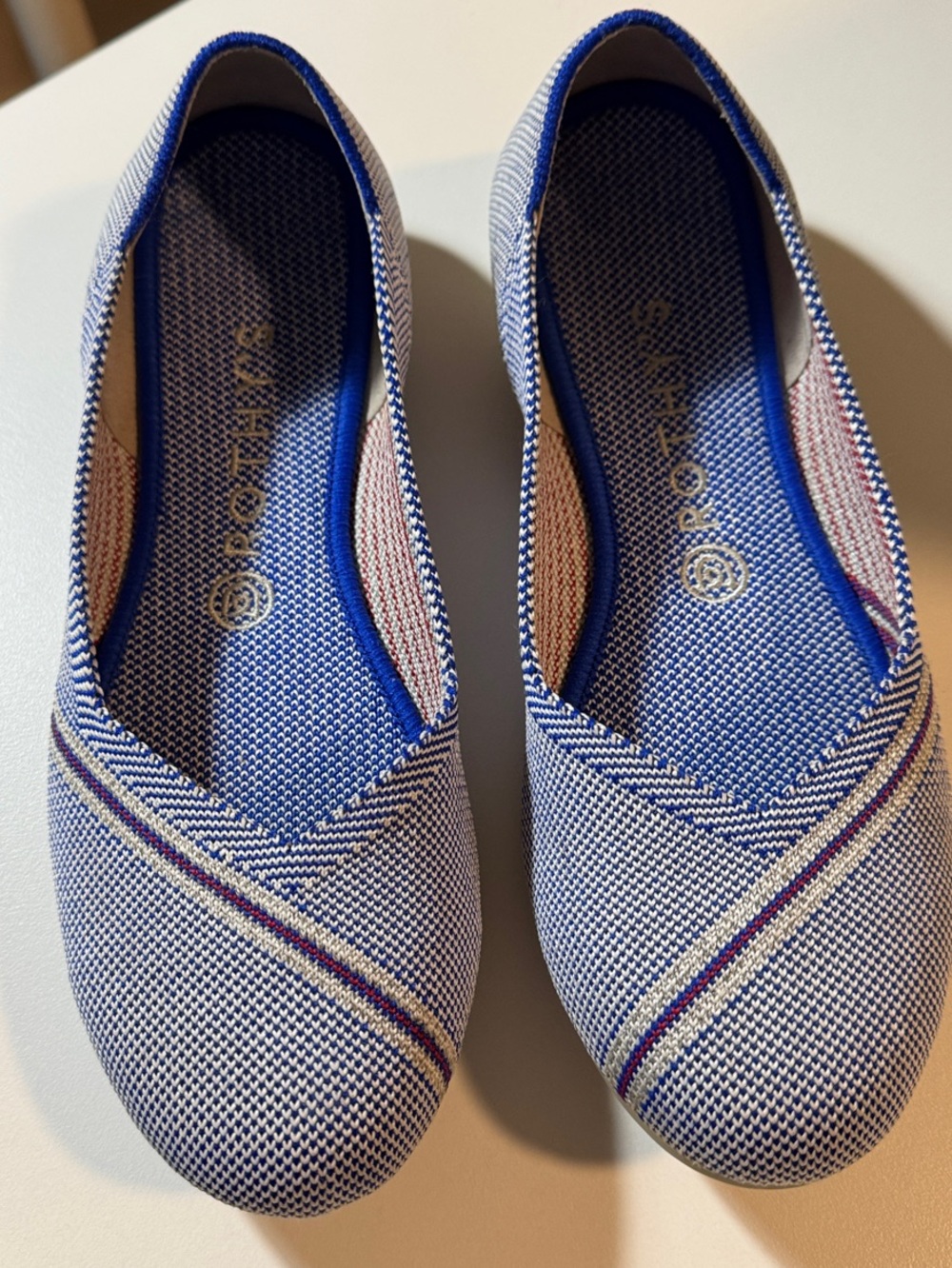 Rothy's Blue Knit Flats, retired style with Reflective Red Stripe, EUC, size 9 - Picture 2 of 10